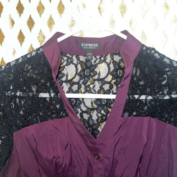 EXPRESS Maroon Burgundy Black Lace goth Top Career Work Blouse size XS - Picture 5 of 6